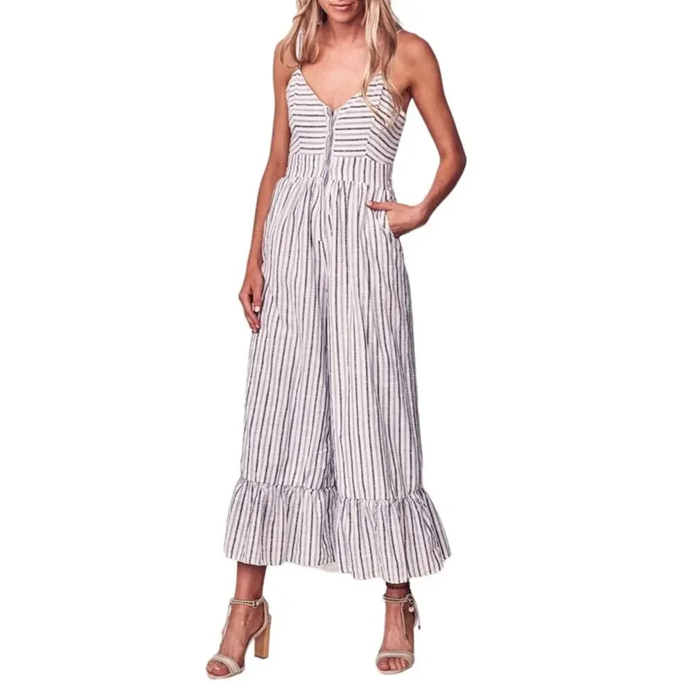 LOVESHACK FANCY Edeline Striped Jumpsuit Ruffle Hem